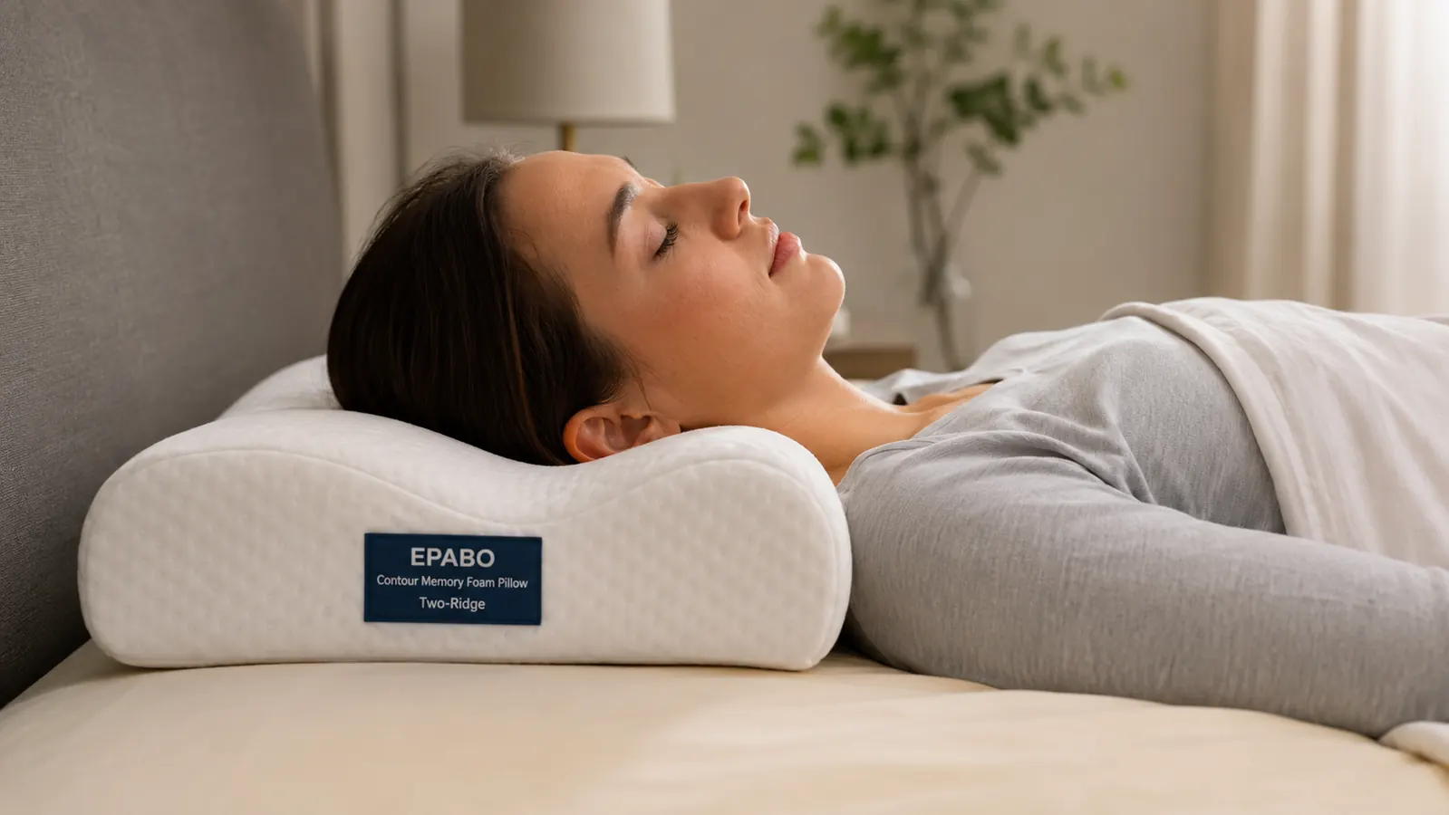 EPABO contour memory foam pillow showing the two-lobe cervical shape on a white bedsheet