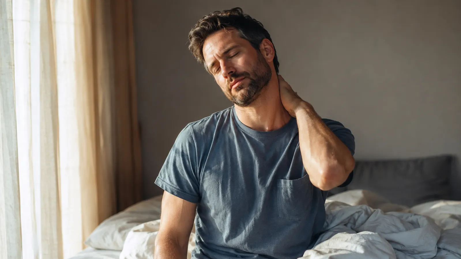 Person sleeping comfortably on their side with a contour pillow, peaceful expression, soft bedroom lighting