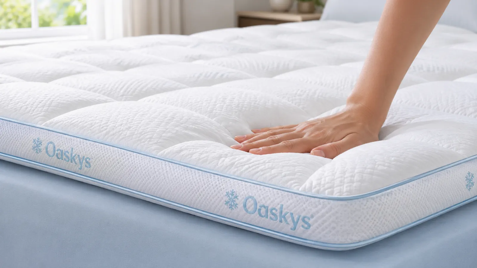 Close-up of hands smoothing a white pillow-top mattress pad onto a queen bed