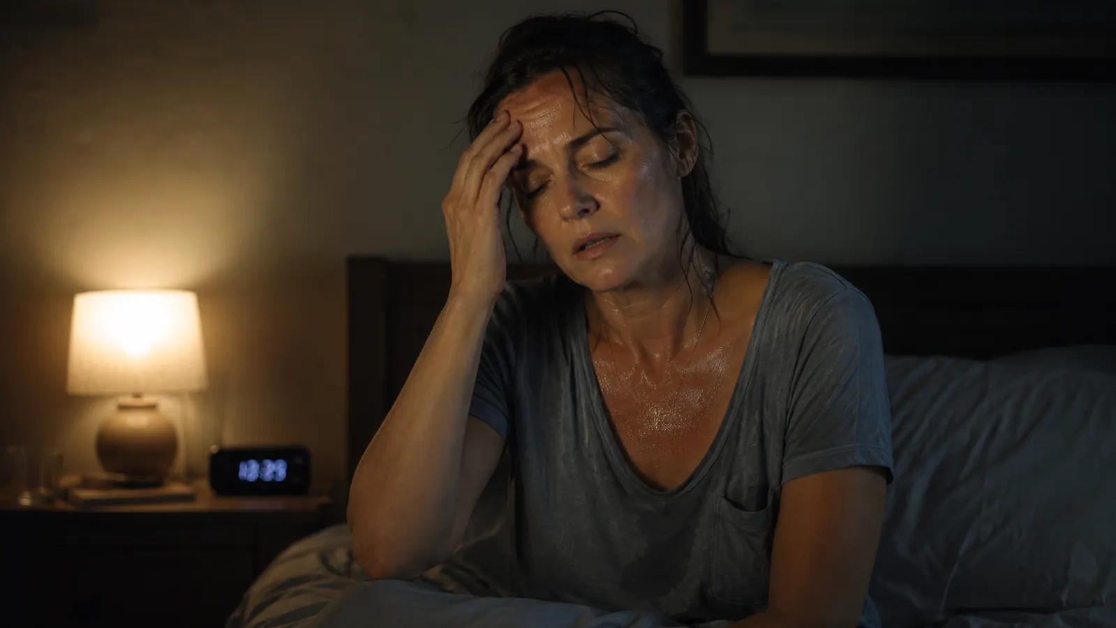Person sleeping comfortably on a white mattress topper in a cool, dimly lit bedroom