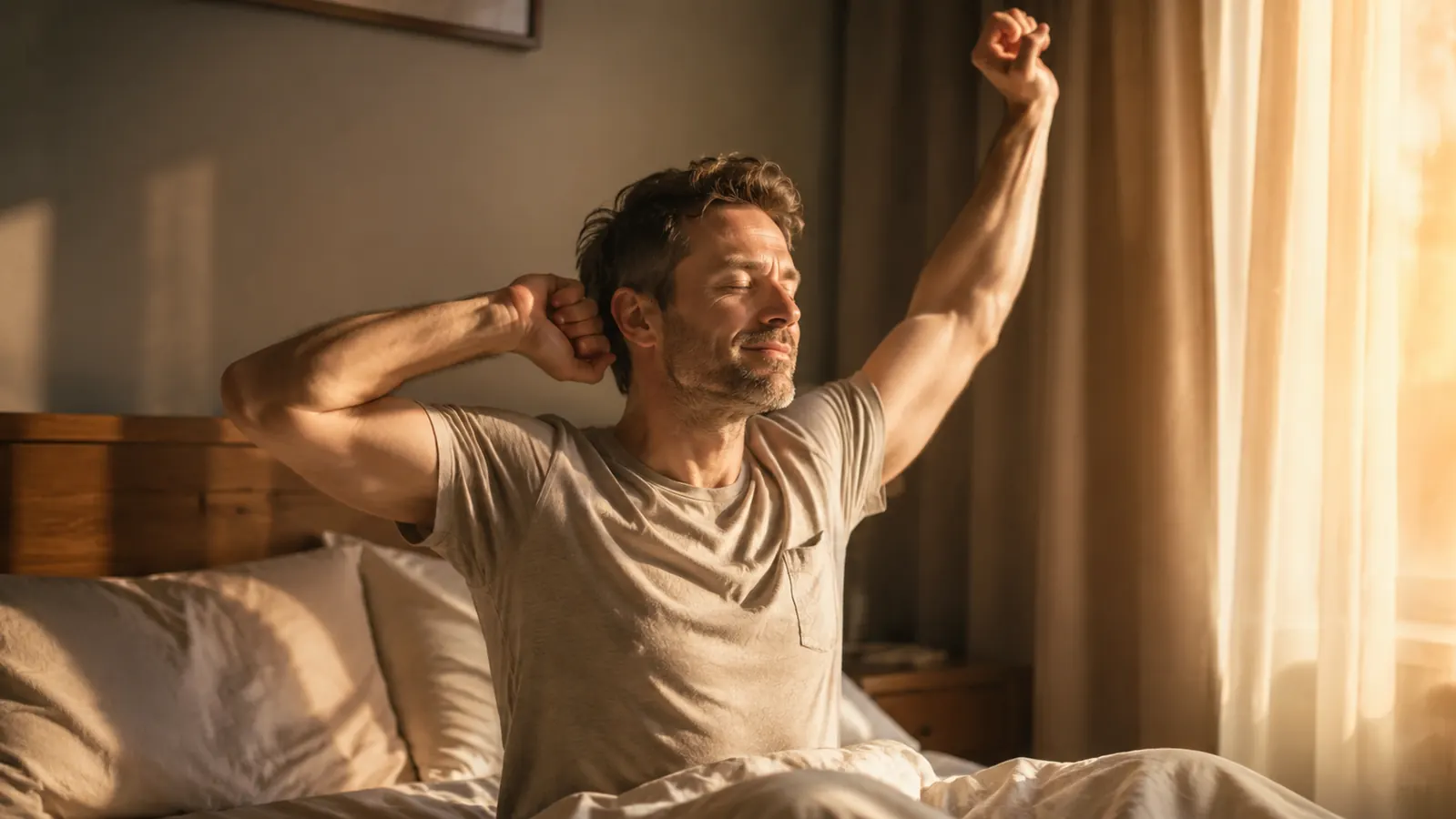 Person waking up calmly in the morning, stretching in bed, warm light filling the room