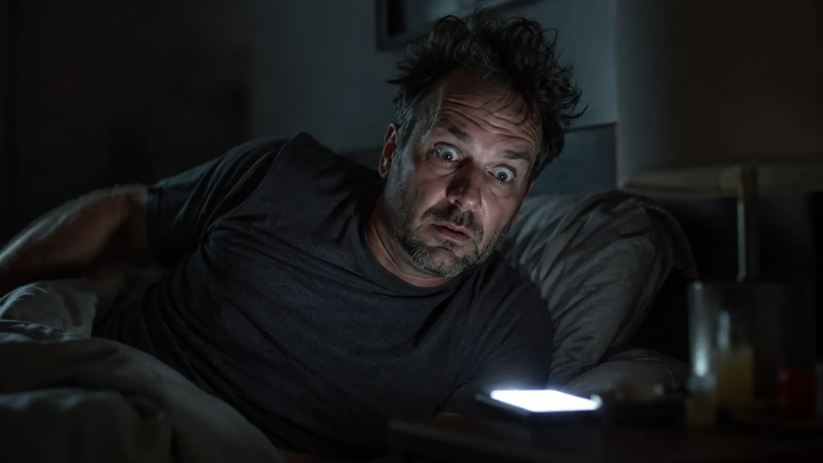 Soft warm sunrise light glowing from a bedside alarm clock on a nightstand in a dimly lit bedroom