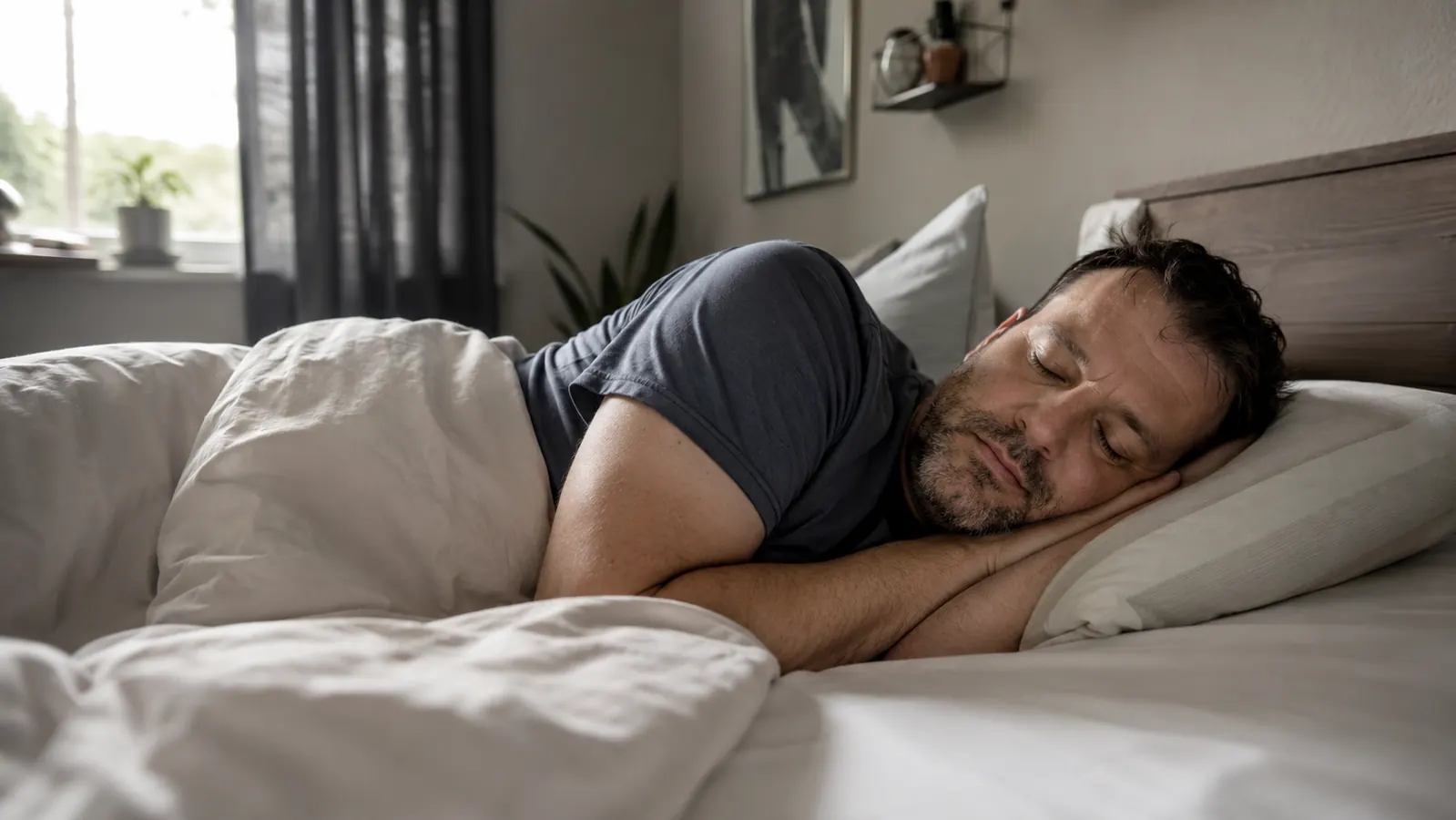 Person sleeping peacefully in a dark bedroom while a partner reads with a lamp on nearby