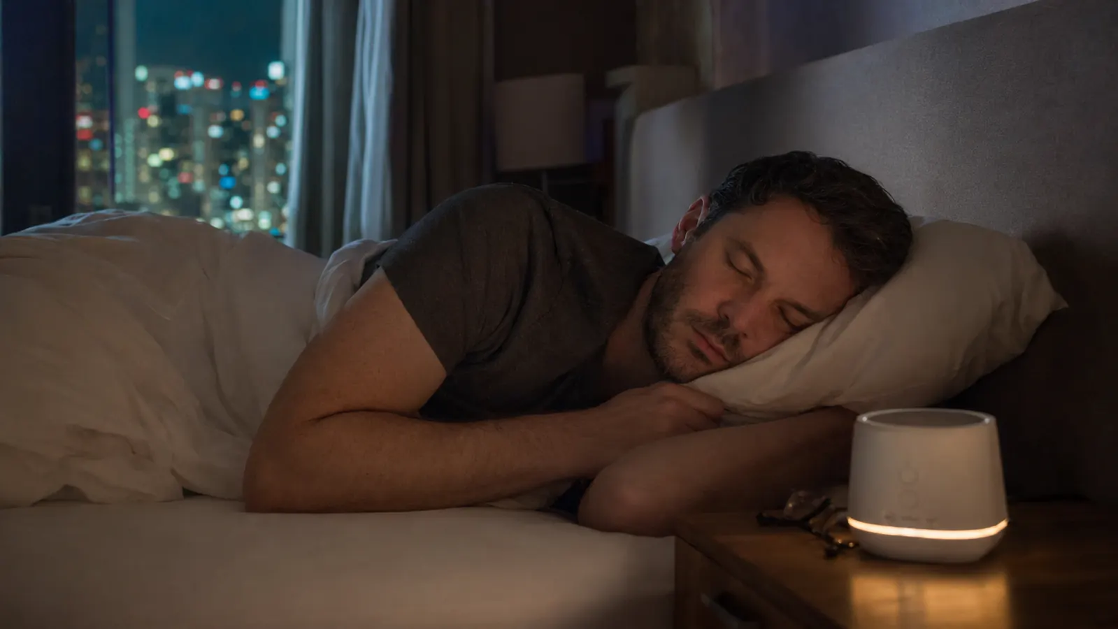Small white noise machine on a nightstand beside a dim lamp and a glass of water in a dark bedroom