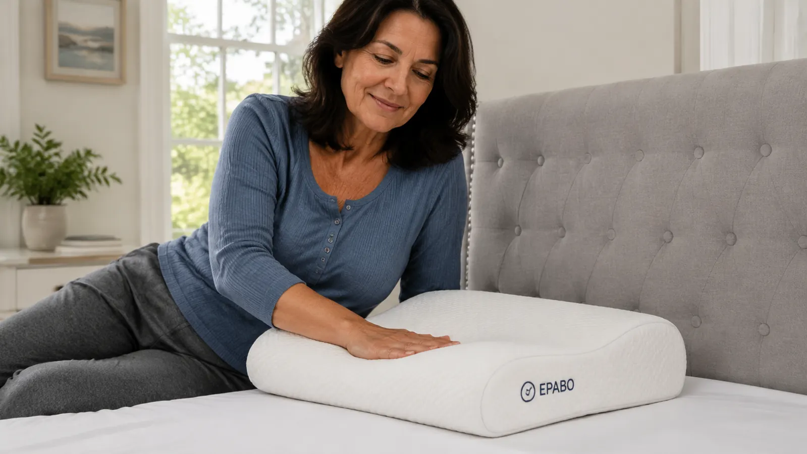 Person lying on their side in bed with their head resting in the lower trough of a contour pillow, spine visibly aligned