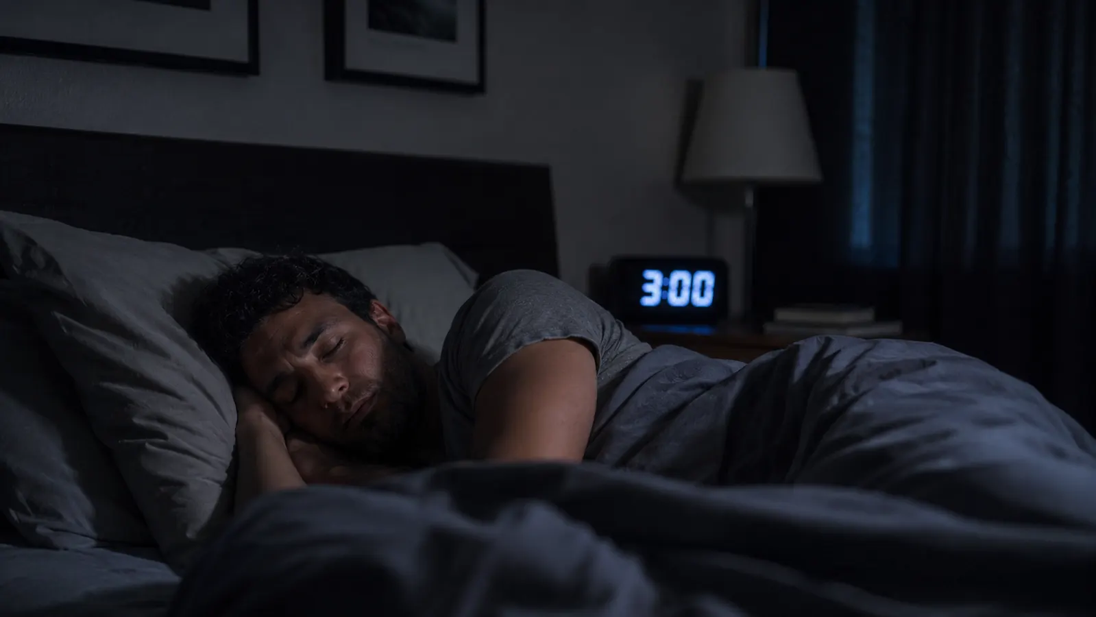 Person sitting up fresh in bed with a relaxed expression and no visible neck tension, morning light
