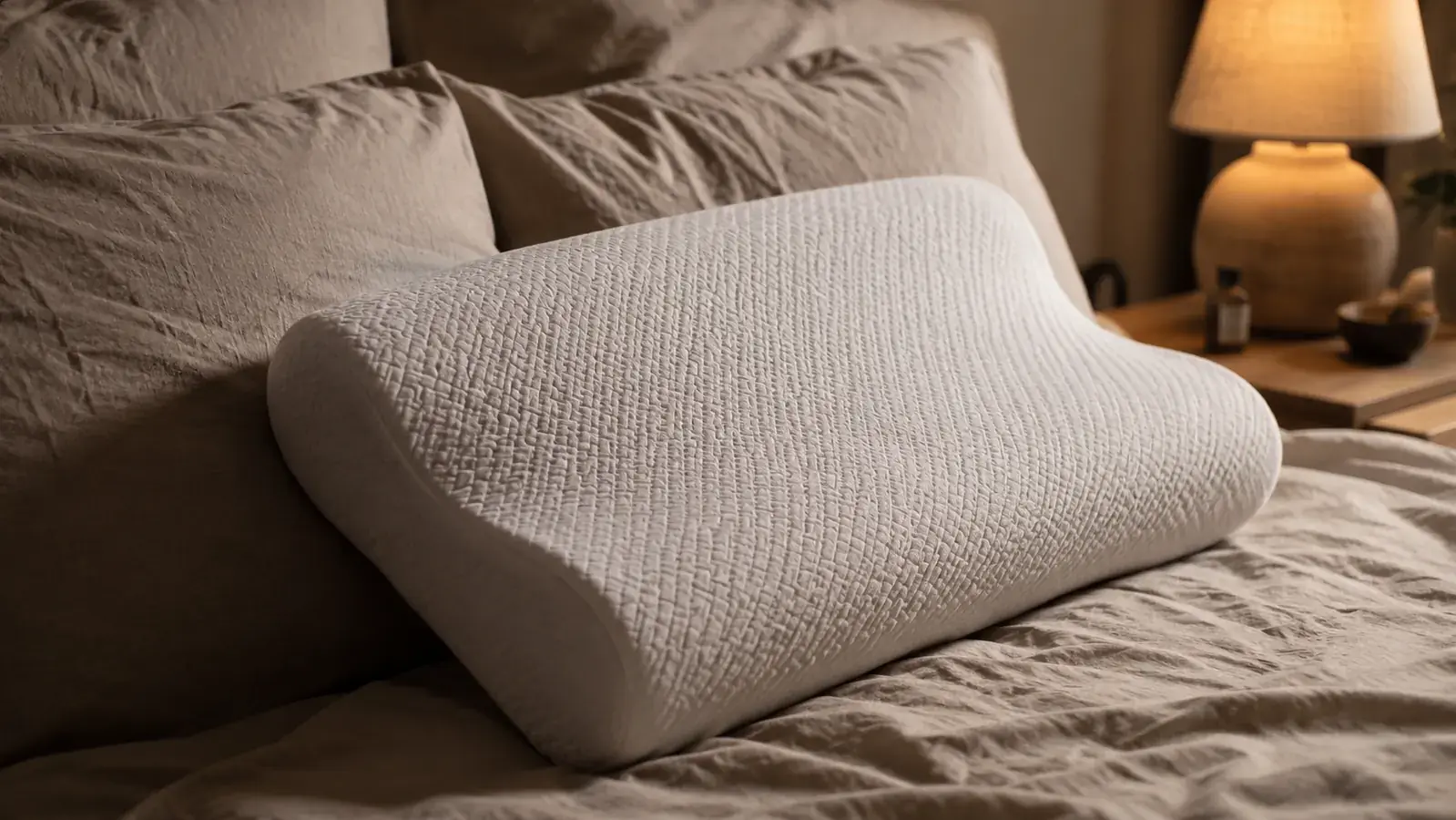 Person sitting on the edge of their bed in the morning holding the back of their neck with a tired expression, dim early light