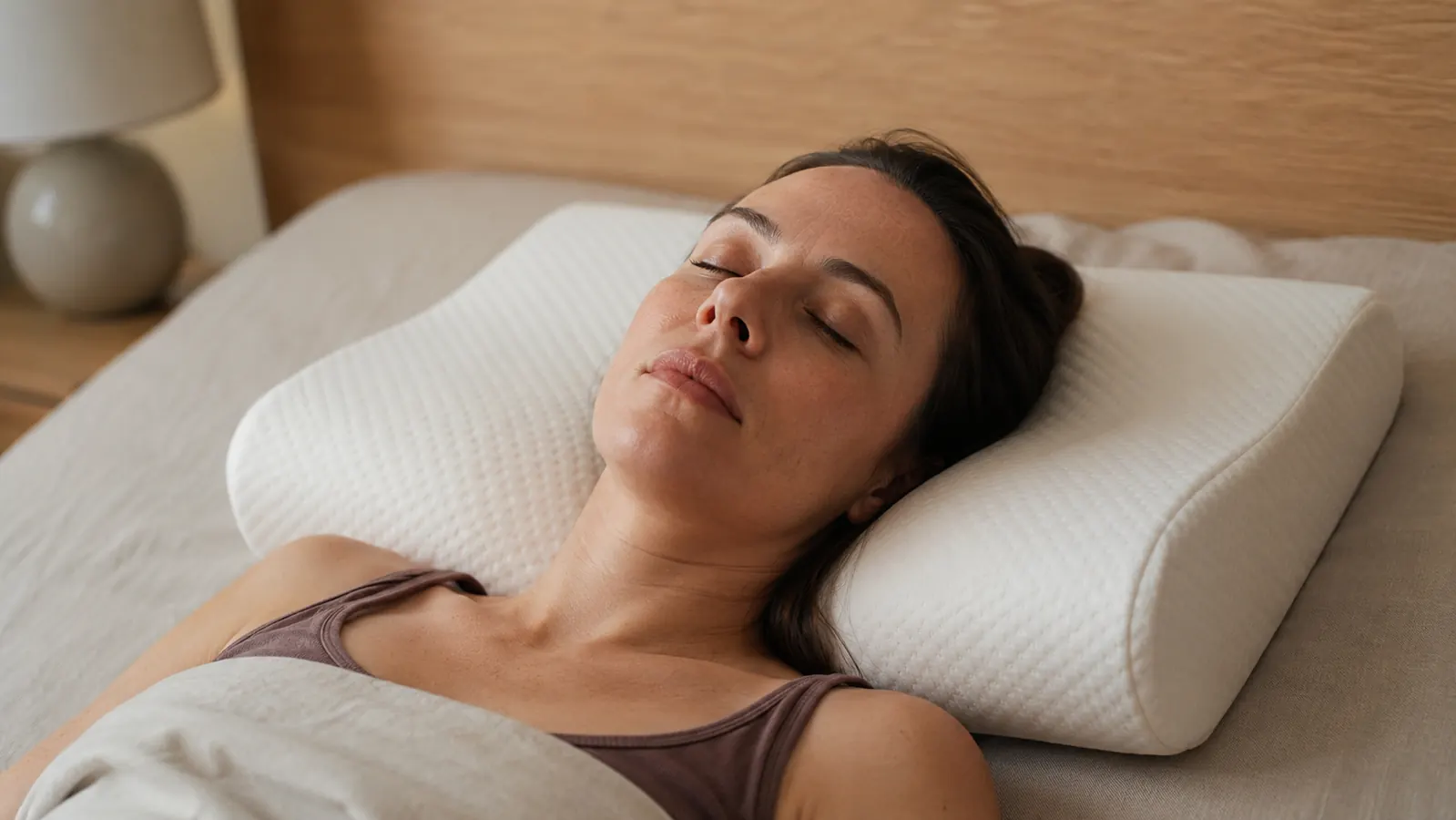 Person waking up and stretching their neck comfortably, looking rested and pain-free