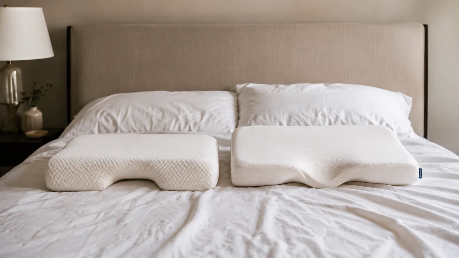 Two cervical contour pillows side by side on a bed with soft morning light coming through the window