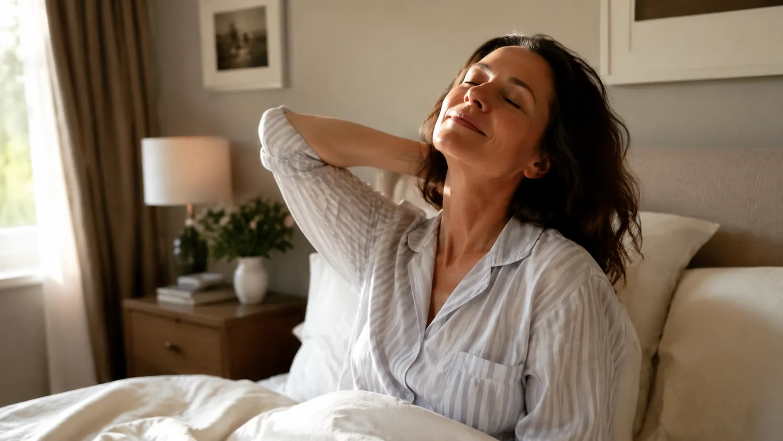 Woman sleeping on her side on a contour pillow, neck in neutral alignment, peaceful expression