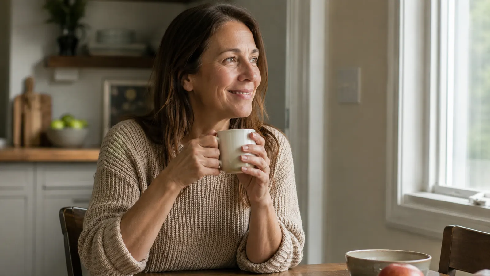 Woman at kitchen table with coffee, smiling and looking relaxed, morning sunlight through window