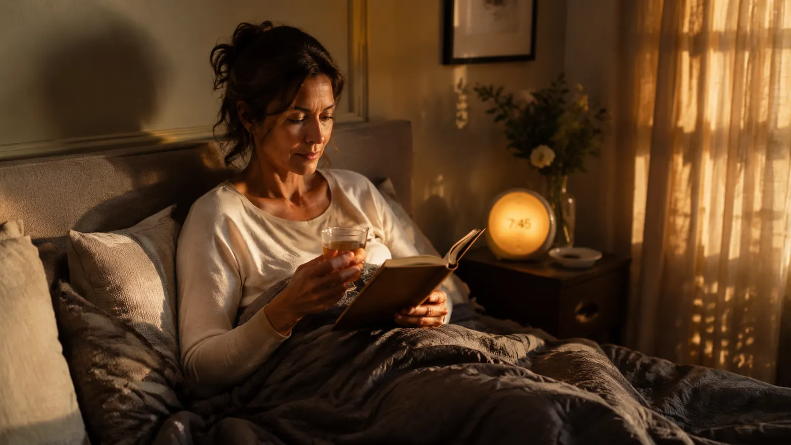 A calm, dimly lit bedroom at night with a neatly made bed, soft bedside lamp, and sleep accessories arranged in warm, restful light