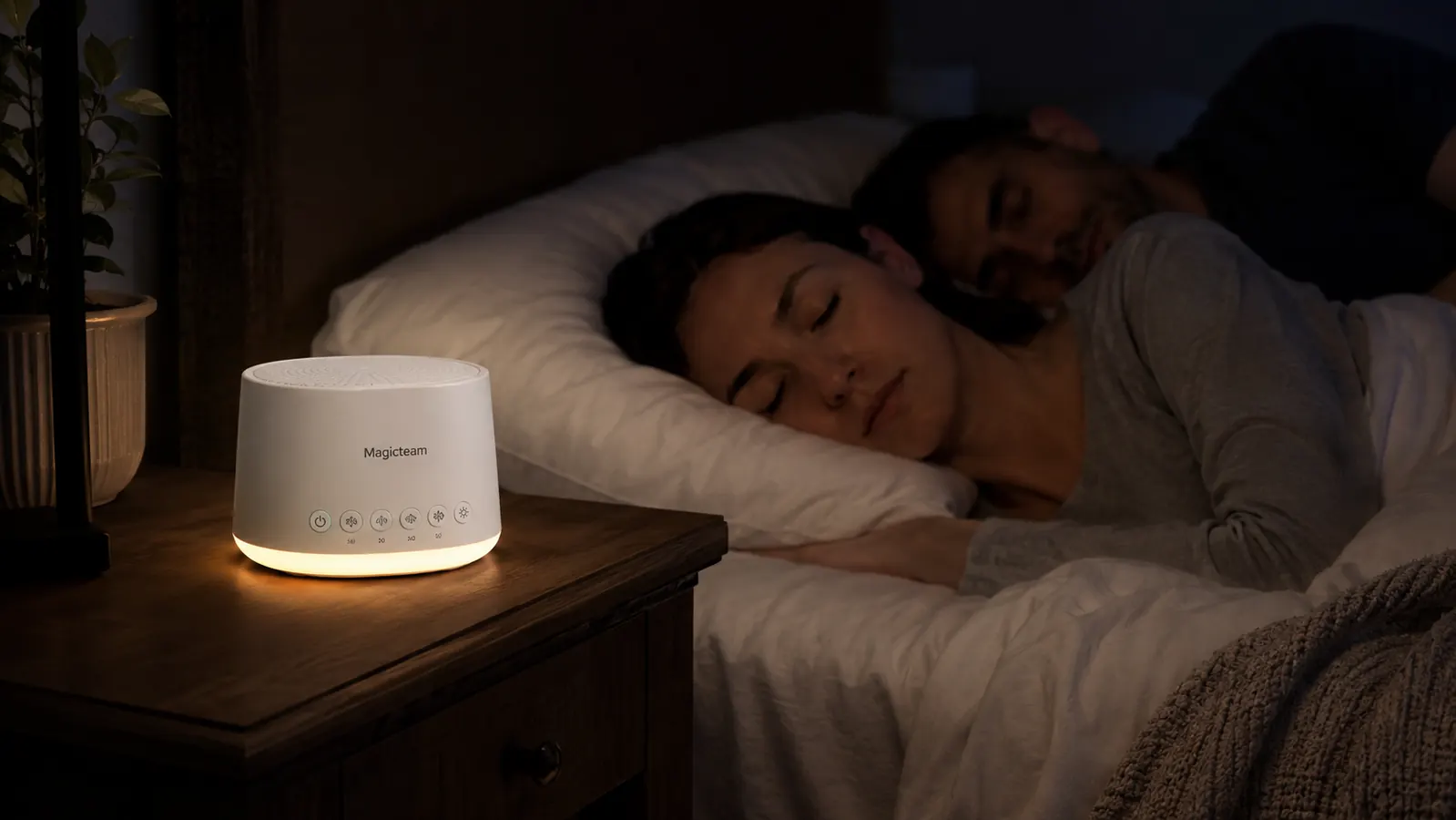 Magicteam white noise machine sitting on a nightstand next to a lamp and a glass of water