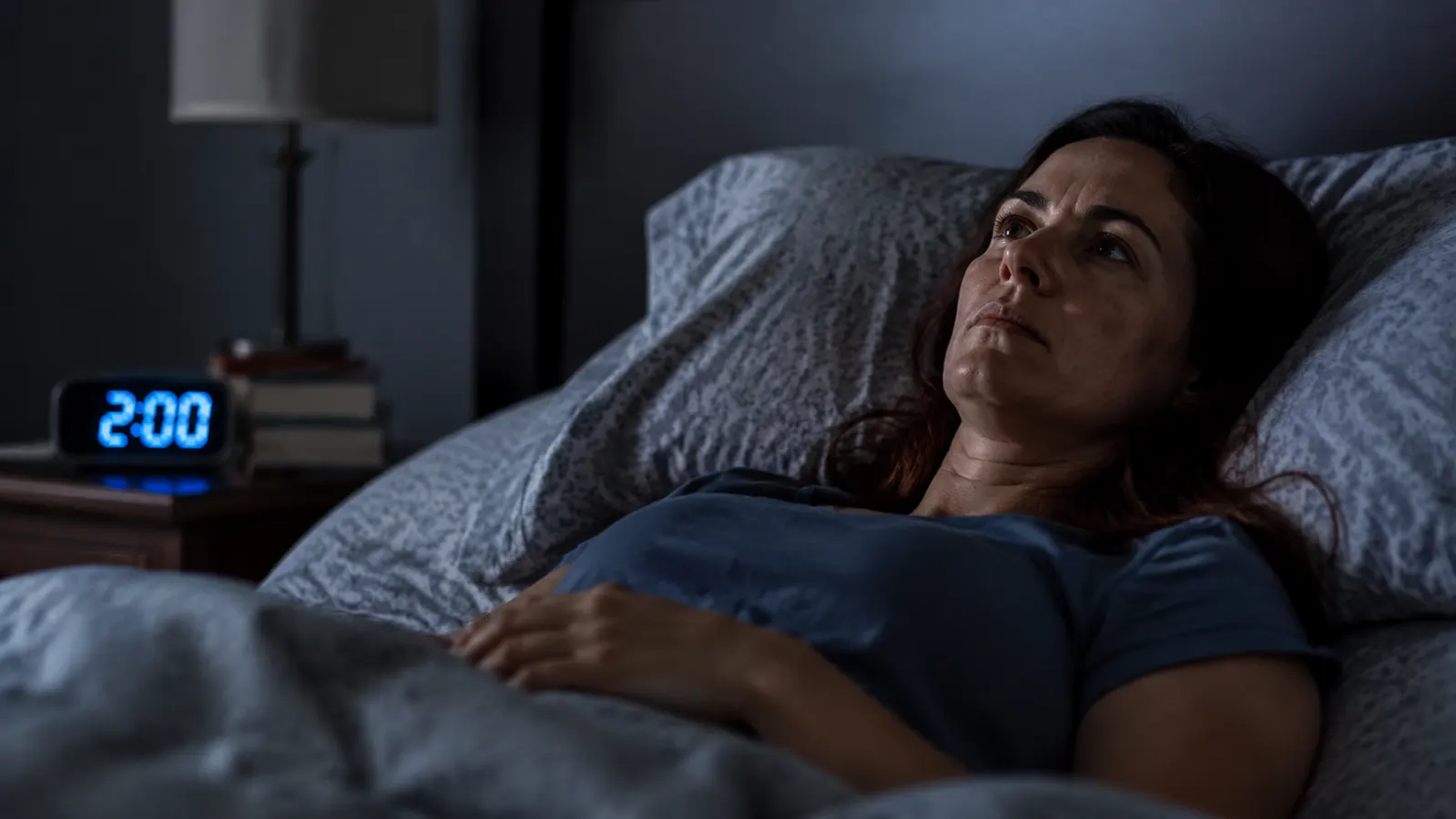 Woman lying in bed at night, eyes closed, a heavy weighted blanket pulled up to her shoulders, soft warm lamp light on nightstand