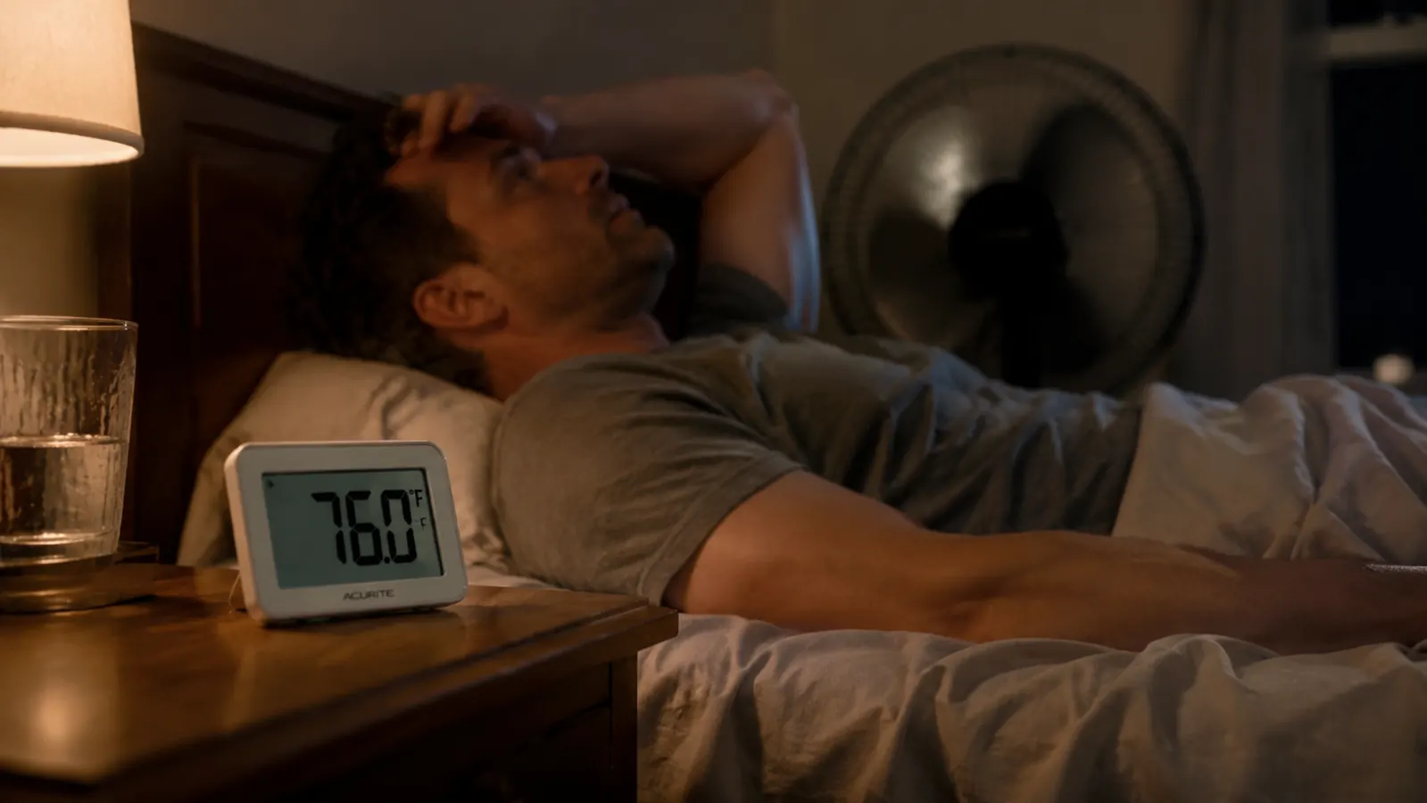 Woman lying on a cool, white bedding setup in a dim bedroom with a fan visible in the background