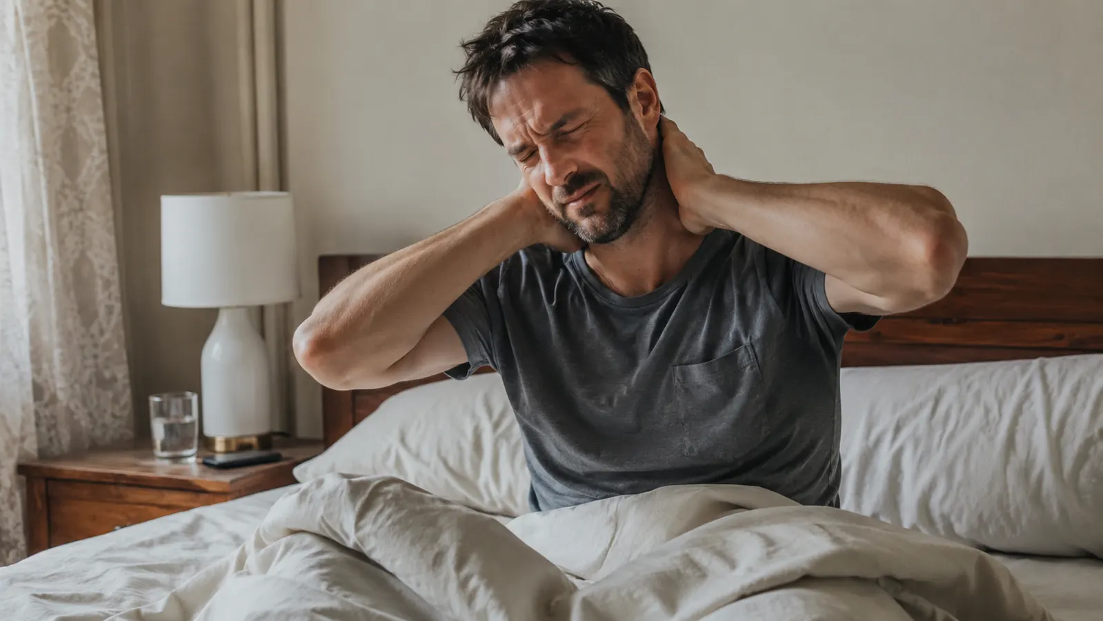 Person waking up pain-free, stretching in morning light with a cervical contour pillow visible on the bed behind them
