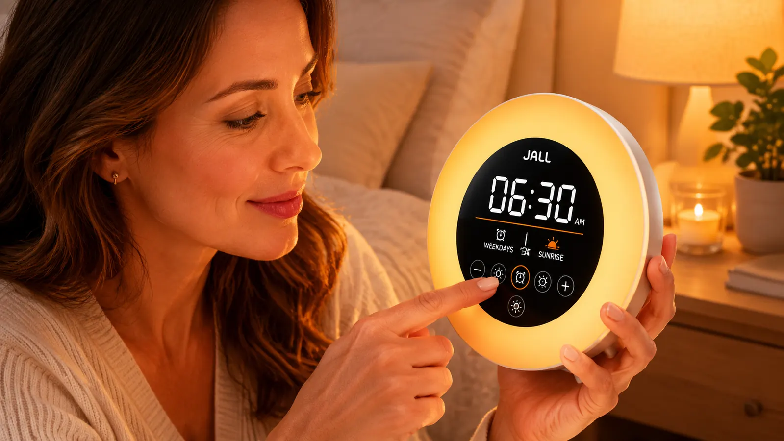 Fingers cycling through the button controls on top of the JALL alarm clock, with the instruction manual open beside it on the nightstand