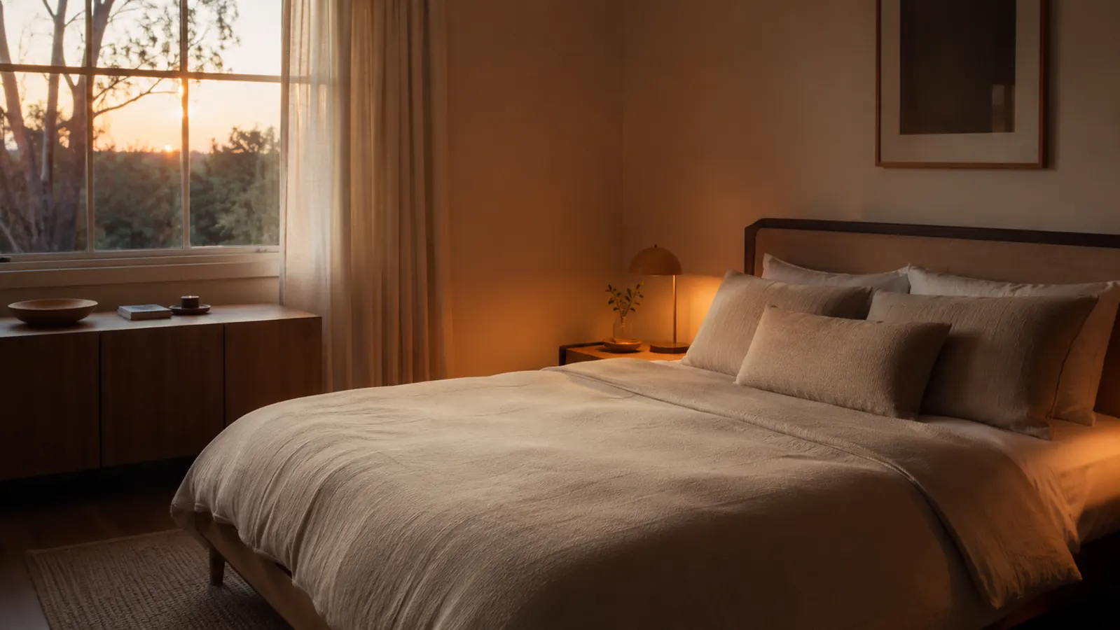 JALL sunrise alarm clock on a nightstand in a dark bedroom with a bright white display showing 2:47am, clearly visible in the darkness