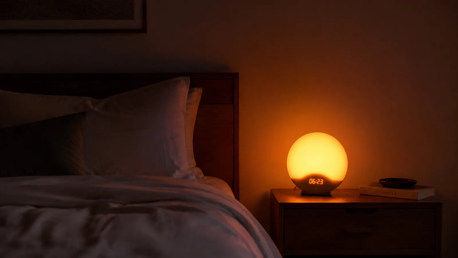 JALL sunrise alarm clock glowing warm orange on a bedside table in a dark bedroom at dawn