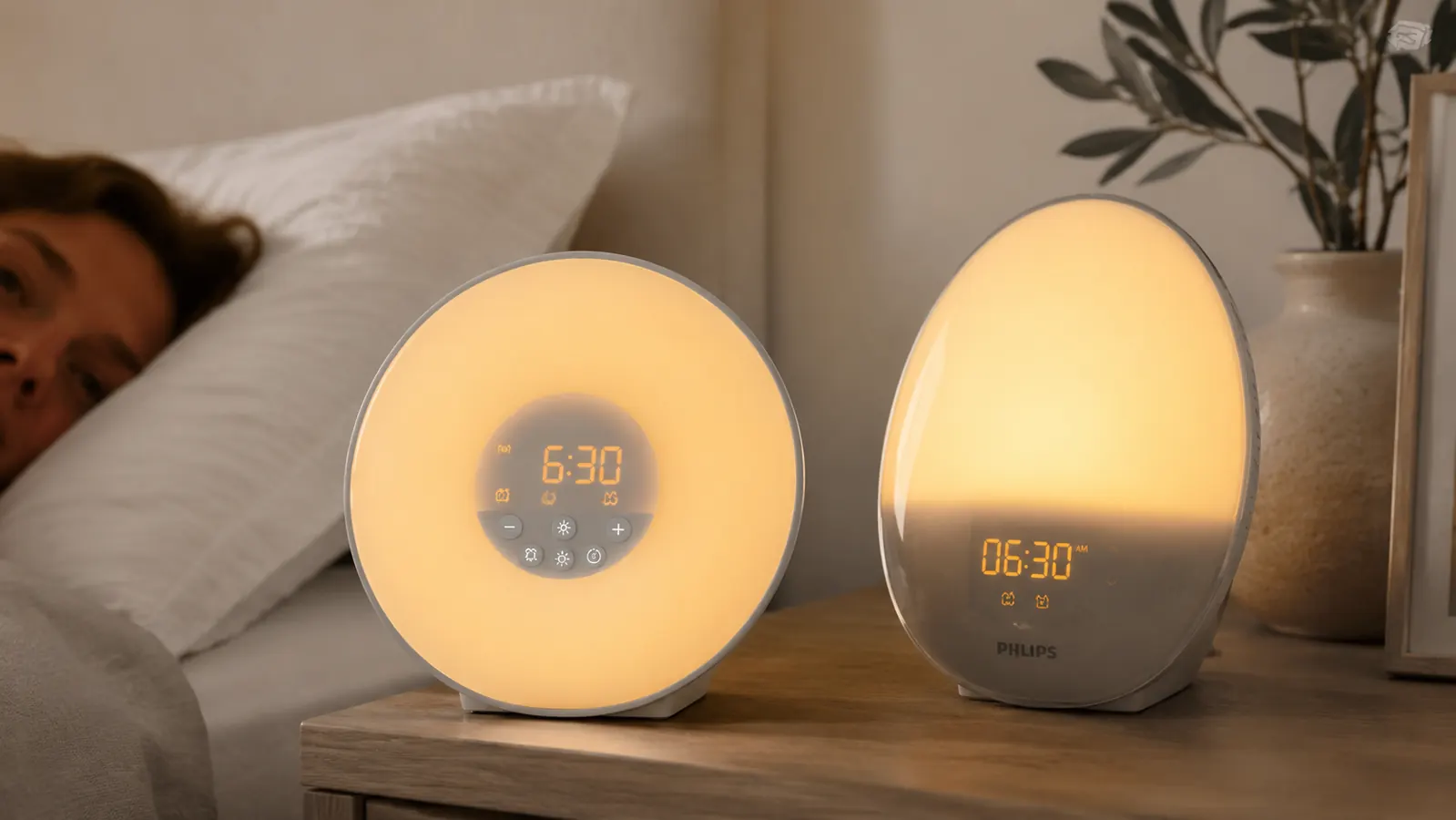Two sunrise alarm clocks side by side on a bedroom nightstand at dawn, soft warm light filling the room