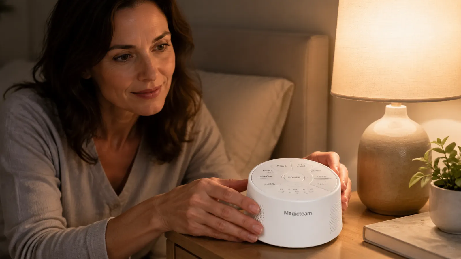 Magicteam white noise machine on a nightstand beside a glass of water and a dim lamp
