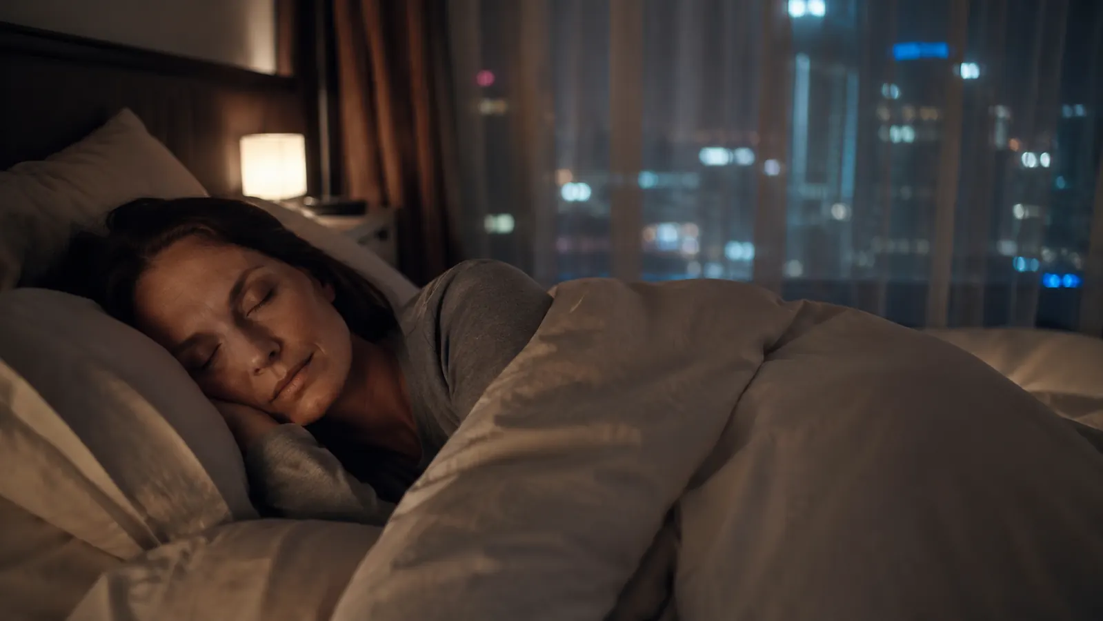Woman sleeping peacefully in a well-made bed, morning light coming through curtains