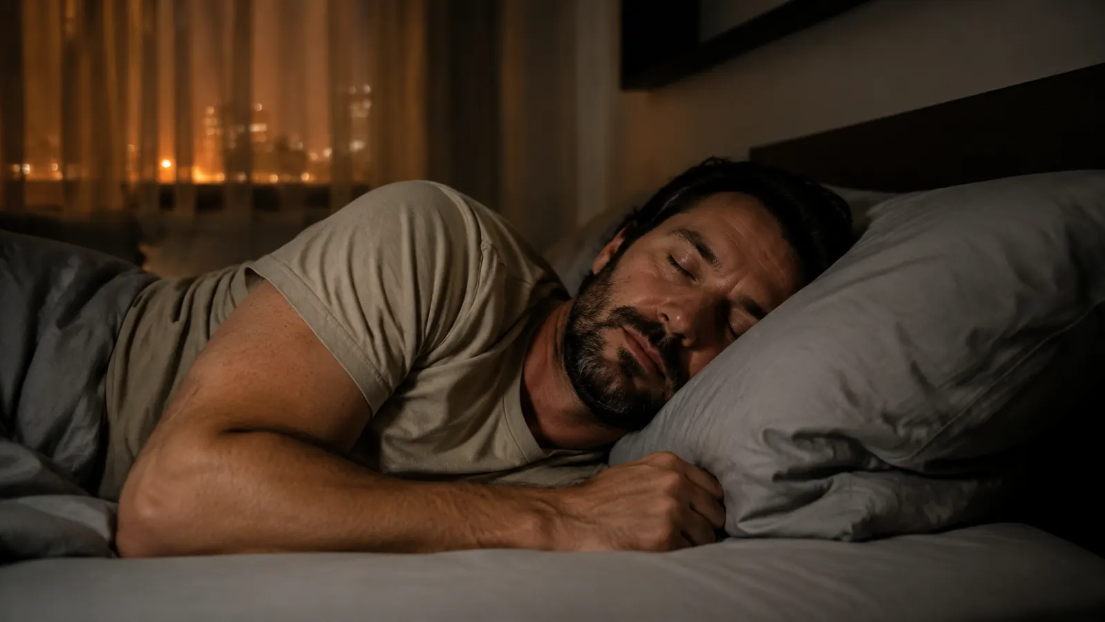 Person lying awake in bed staring at the ceiling in a dimly lit room at night