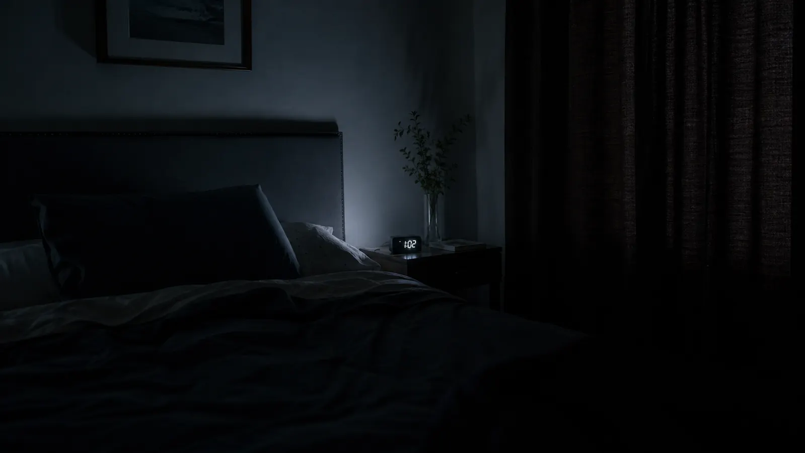 Magicteam white noise machine glowing faintly on a nightstand in a dark bedroom, partner asleep nearby