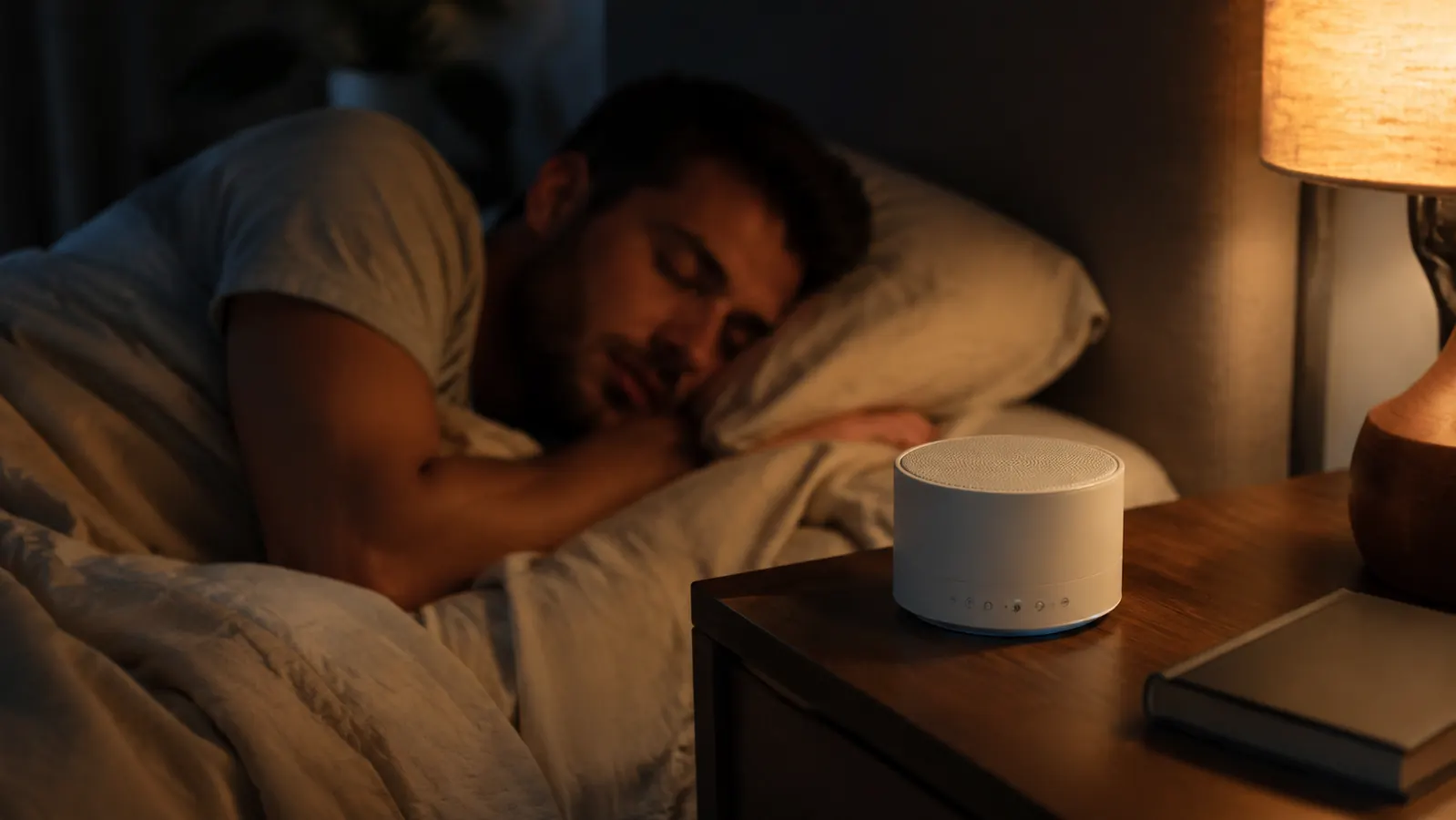 Small white Magicteam sound machine on a nightstand beside a glass of water in a softly lit bedroom at night