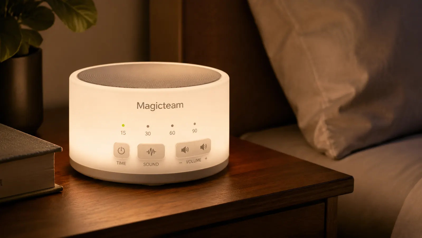 Hand adjusting the volume dial on a Magicteam white noise machine