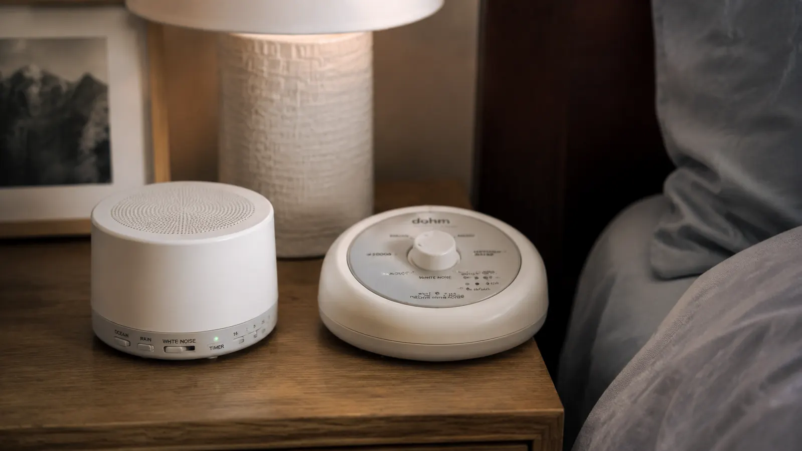 Magicteam white noise machine on a nightstand next to a glass of water in a softly lit bedroom