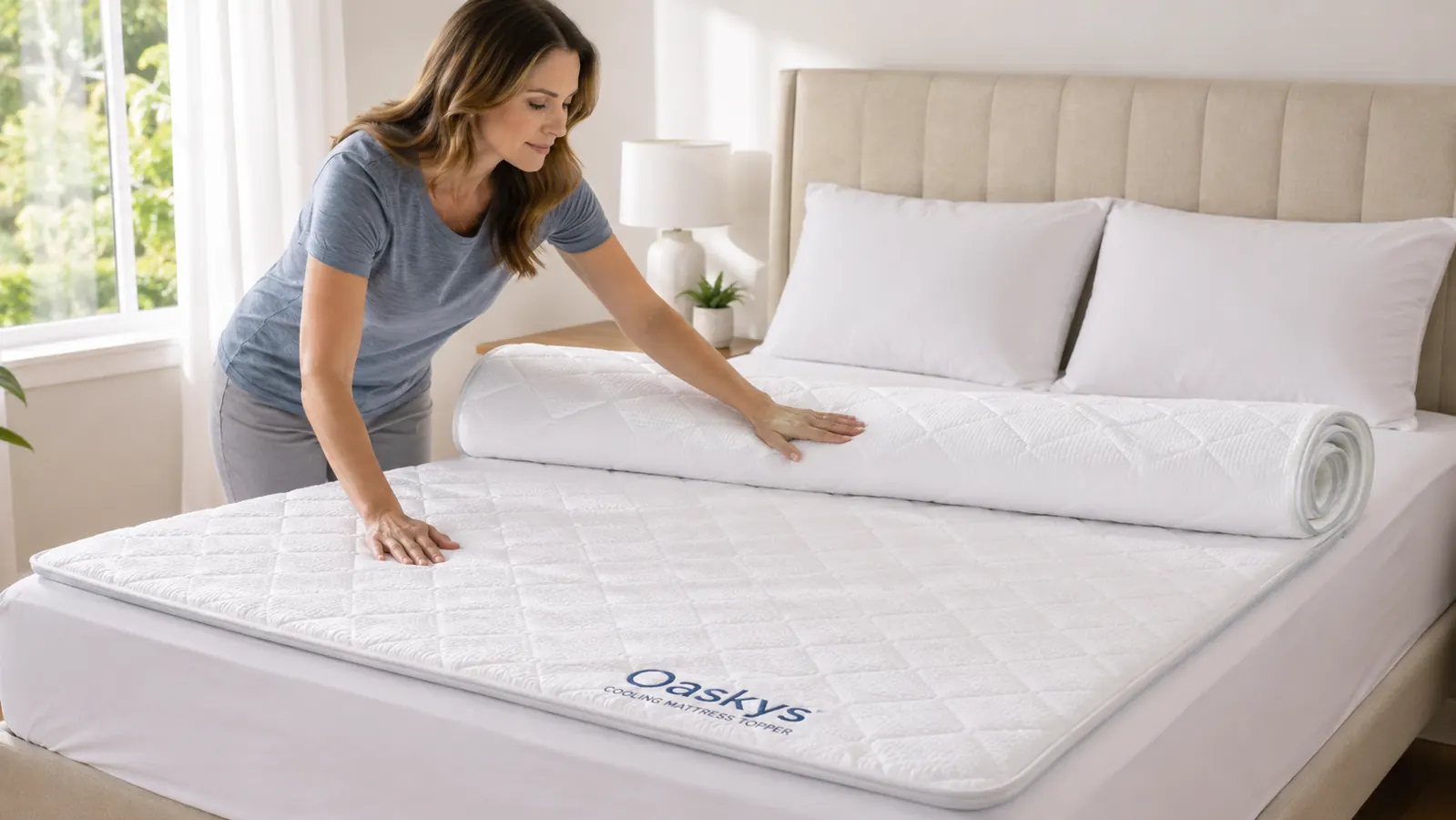 Close-up of a hand smoothing down a white quilted mattress topper on a bed