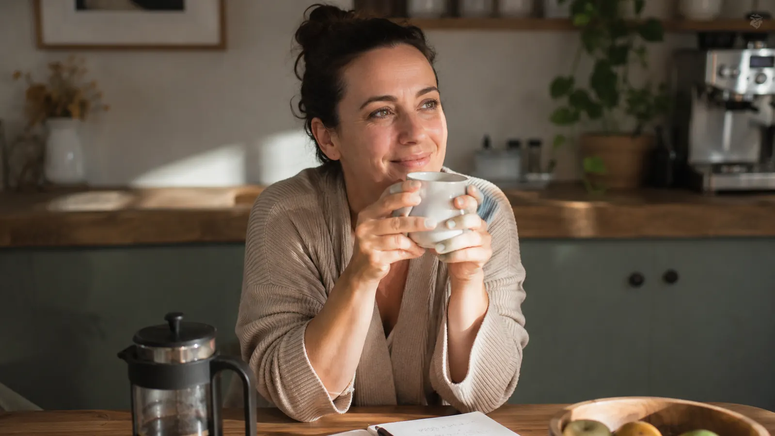 Woman sitting at a kitchen table with a mug of coffee, relaxed expression, morning light
