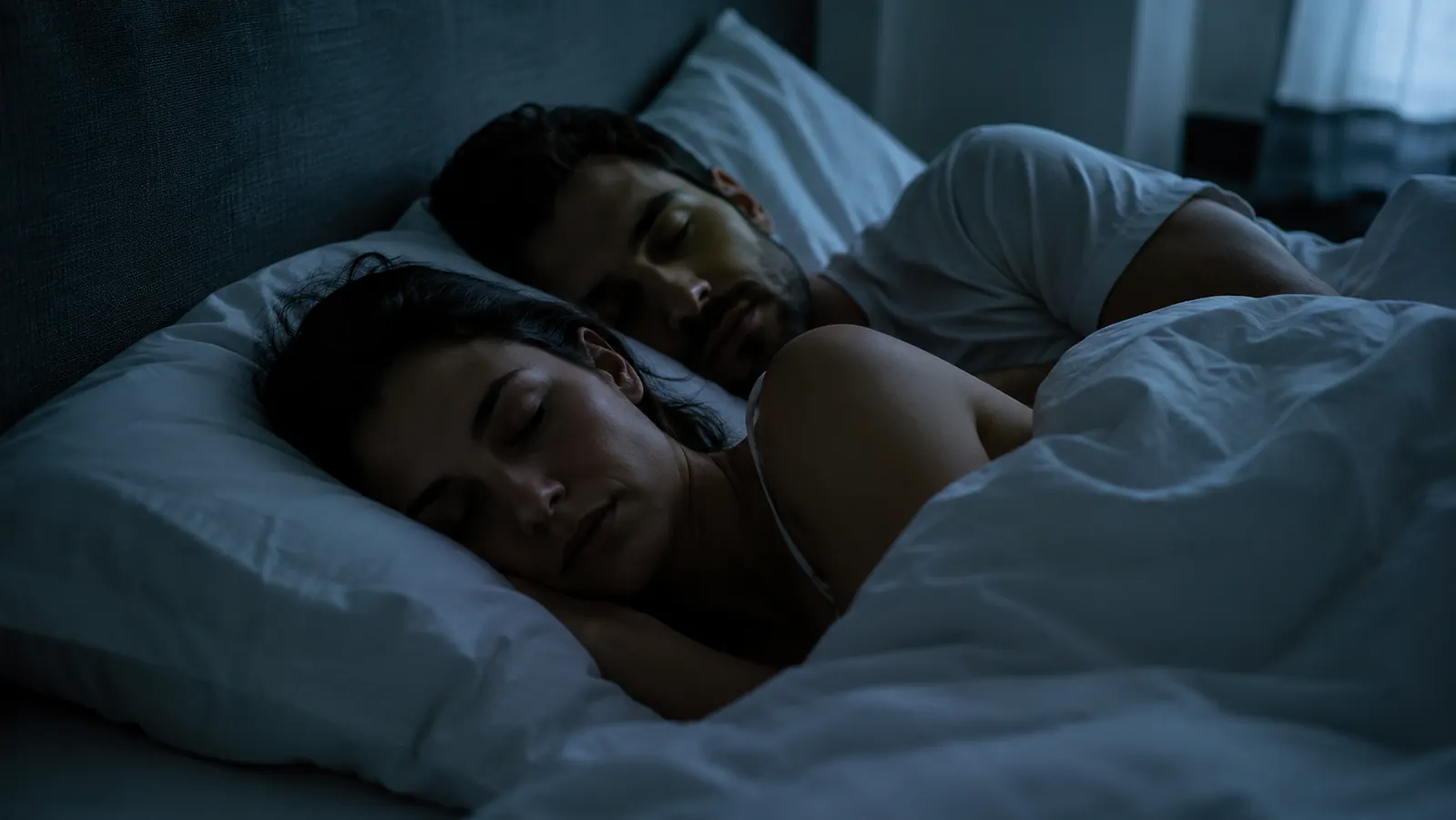 Person lying on their side in bed looking comfortable under a light sheet, bedroom window showing nighttime