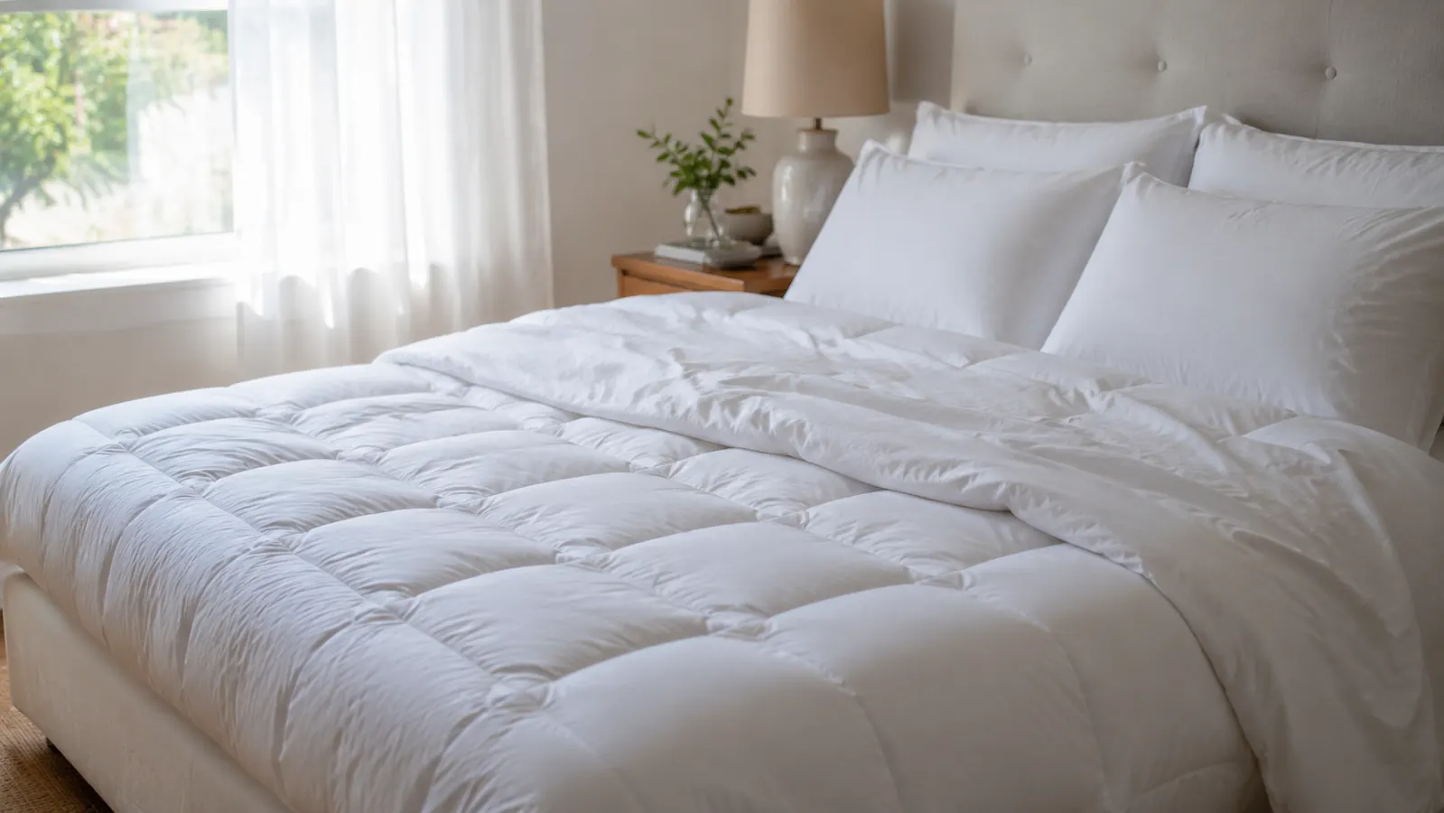 Rumpled white pillow-top mattress topper on a queen bed in a warm-lit bedroom, ceiling fan visible overhead