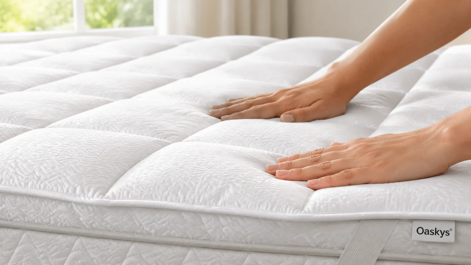 Hands smoothing the surface of the Oaskys mattress topper showing the quilted pillow-top texture