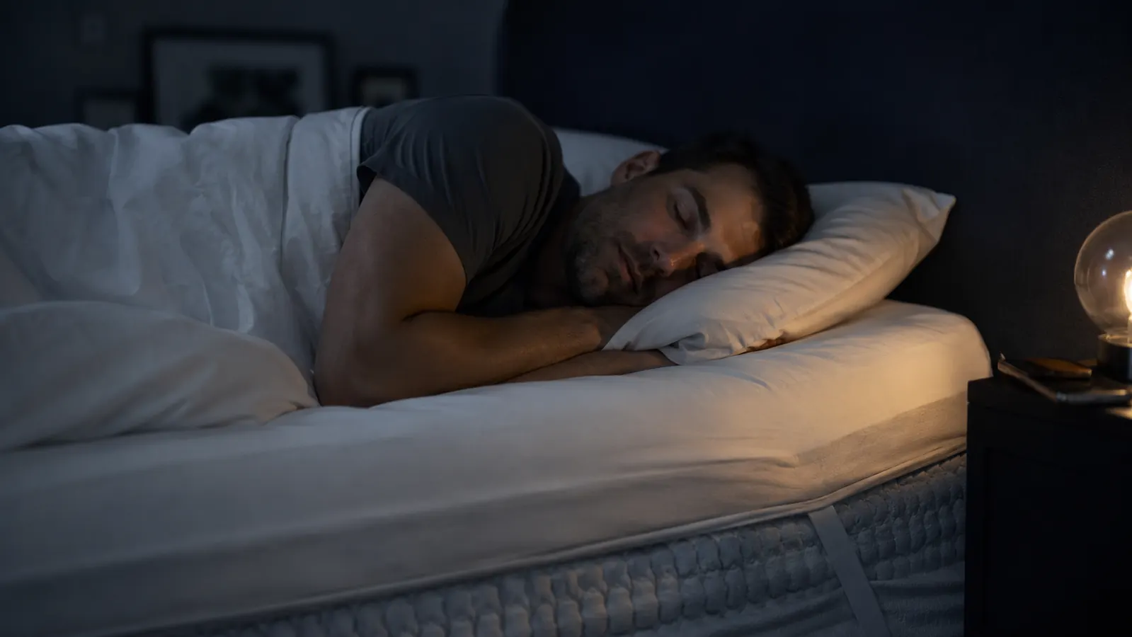 Person sleeping peacefully on their side in a cool bedroom with a white mattress topper visible beneath the sheets