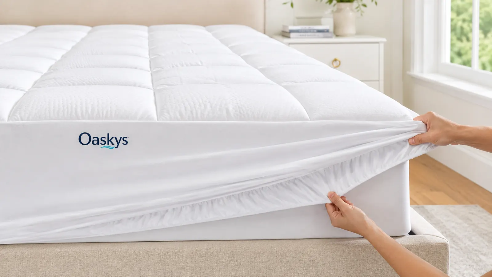 The Oaskys mattress topper being fitted onto a mattress corner showing the deep elasticized skirt