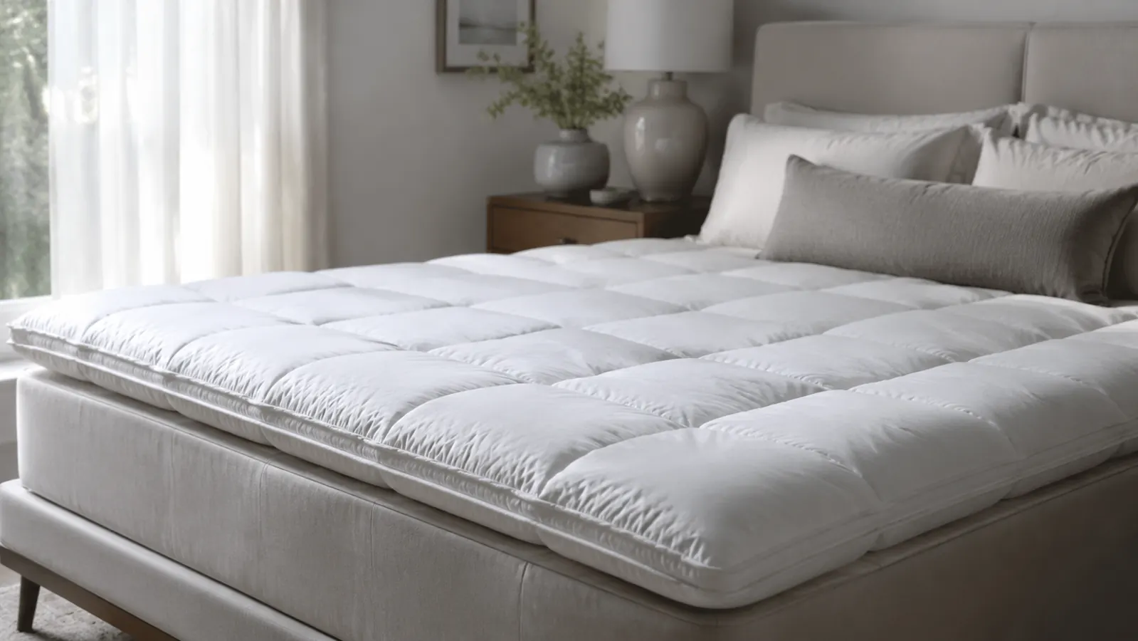 A neatly made bed with a plush white mattress topper, soft morning light through sheer curtains, calm and cool bedroom atmosphere