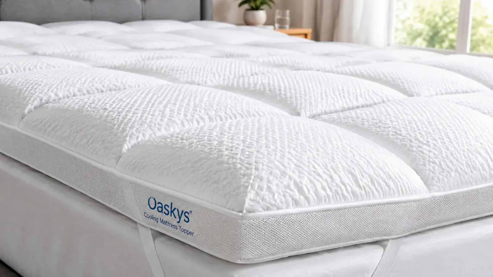 Close-up of hands pressing down on a quilted white mattress topper surface showing the plush pillow-top fill and stitching pattern