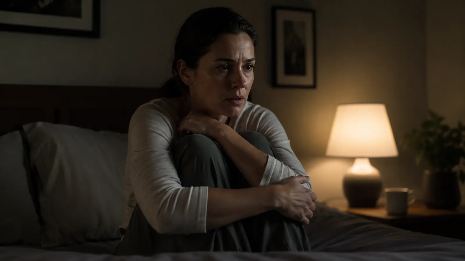 Woman lying in bed at night, awake and staring at the ceiling in a dark bedroom
