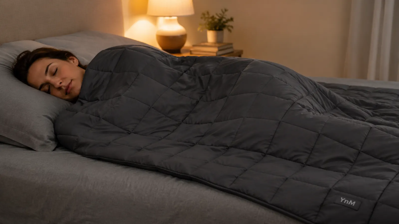 Close-up of the YnM weighted blanket laid flat showing the grid-stitched squares and glass bead texture