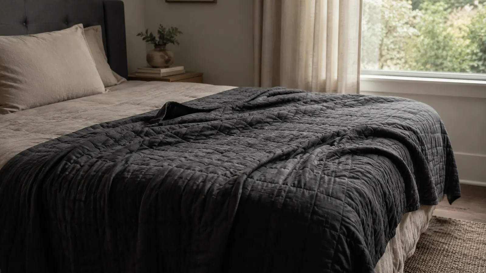 Adult sitting in bed on a warm summer evening, weighted blanket folded to one side, looking uncertain about using it