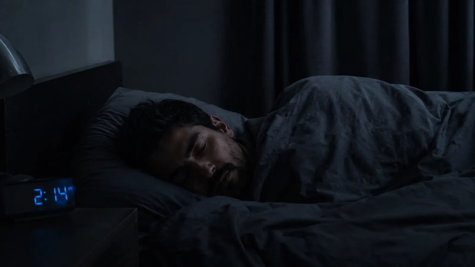 Person lying in bed on their side, fully covered by a weighted blanket, in a cool dark bedroom at night