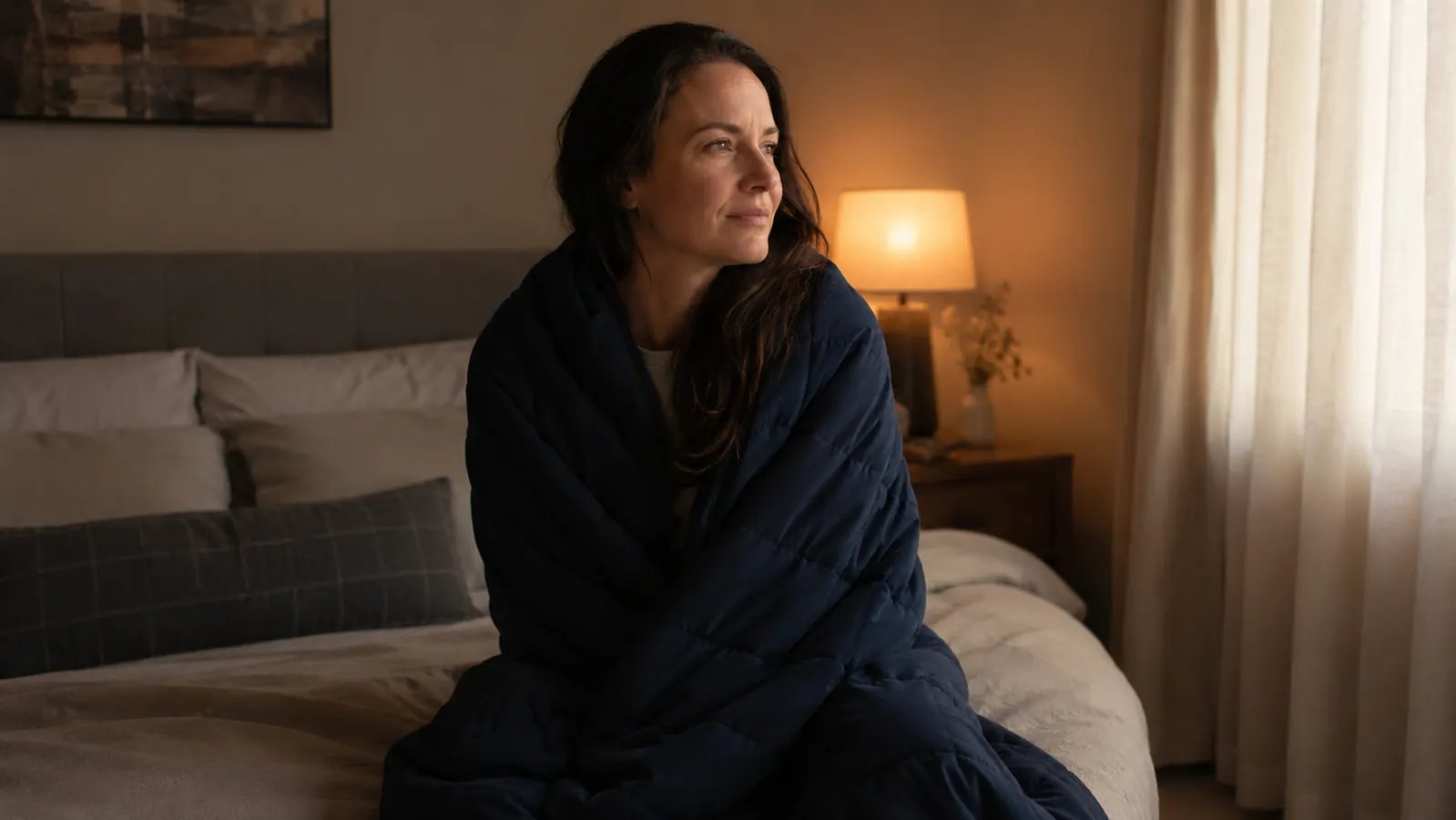 A woman sitting up in a dimly lit bedroom, wrapped in a dark weighted blanket, looking calm and rested with a soft lamp glowing beside her
