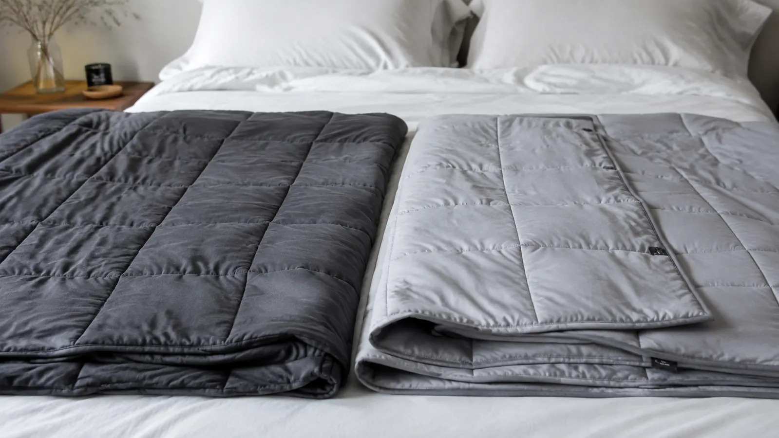 Two weighted blankets side by side on a made bed in a softly lit bedroom